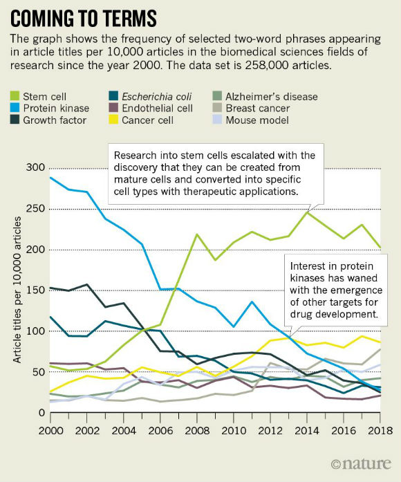 This graph shows frequently selected two-word phrases appearing in article titles per 10,000 articles in the biomedical sciences since the year 2000.