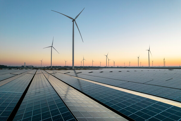 Solar panels and wind turbines in the Netherlands.